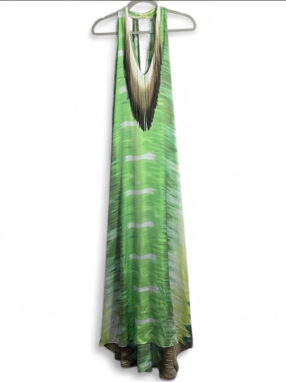 Alexis Green Silk Boho Oversize Maxi Dress Fringe Drape Large Resort Watercolor